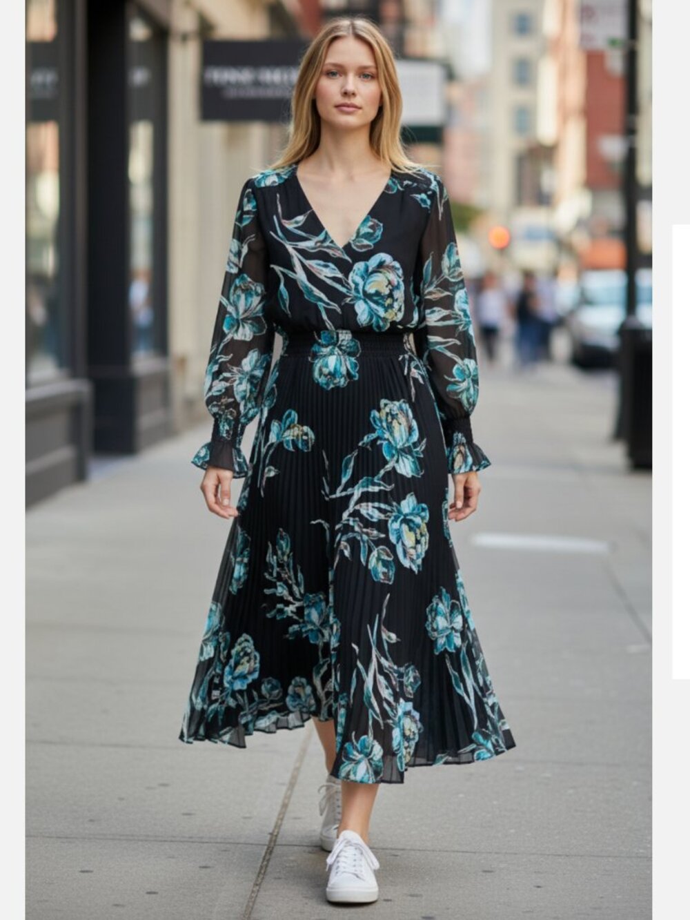 NWT CHICO'S Crepe Pleated Floral Midi Dress SZ-16